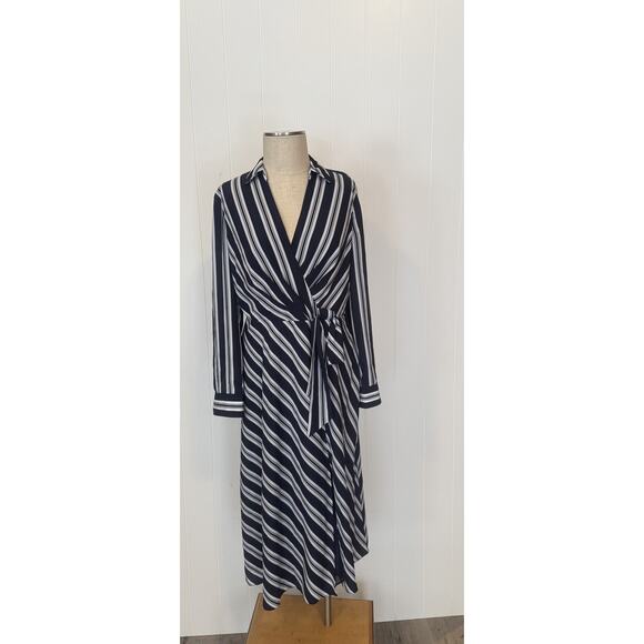 Lauren Ralph Lauren Dress Womens 10 Striped Wrap Tie Shirt Midi Career Workwear - Picture 2 of 7